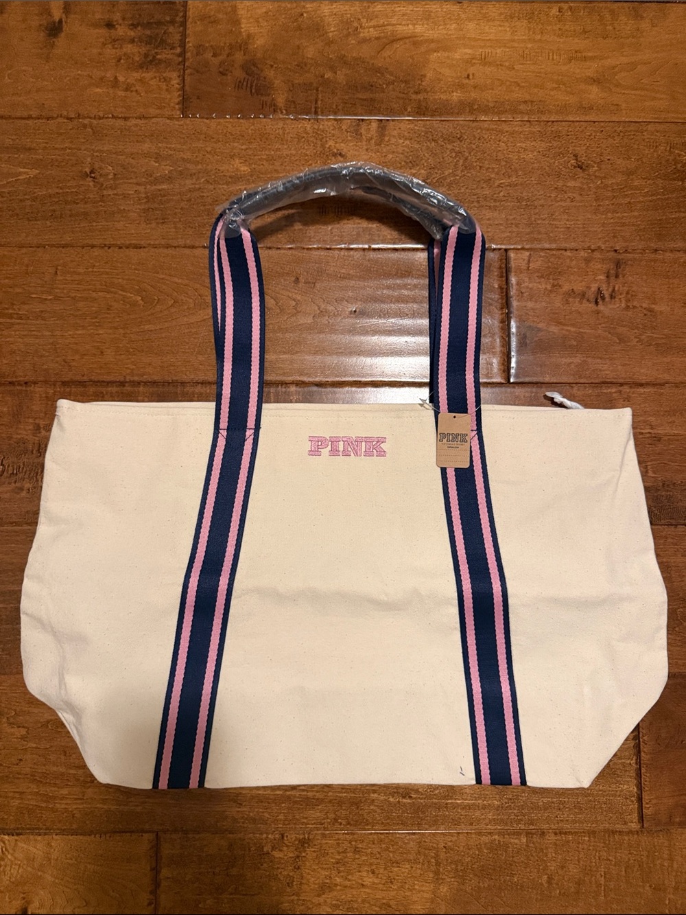 PINK Victoria's Secret Cream Canvas Tote with Navy & Pink Straps